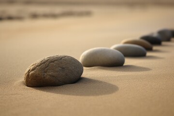 Fototapeta na wymiar Smooth rocks aligned on sand. Generative AI