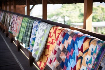 handmade quilts draped over a wooden railing