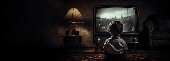 Young boy in a 1950s living room watching news on a vintage TV
