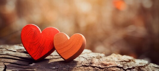 Happy Valentine's Day, Valentine Love Wedding birthday greeting card background  - Closeup of two red wooden hearts on table, illuminated by the sun - obrazy, fototapety, plakaty