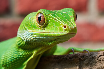Fototapeta premium Green lizard close-up on a red brick wall background