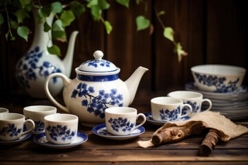 shot of a porcelain tea set on a rustic wooden table
