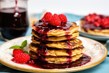 vegan pancakes with a dollop of raspberry preserve