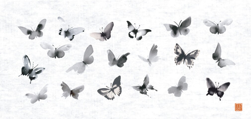 Fototapeta premium Ink wash painting of butterflies in japanese sumi-e style on on rice paper background. Translation of hieroglyph - double luck