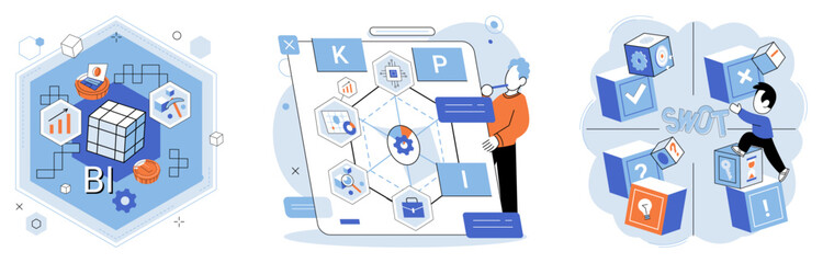 Analysis tool. Business intelligence. Vector illustration The research study explores new avenues for growth Graphs and charts facilitate datinterpretation Development strategies focus on product