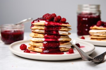 vegan pancakes with a dollop of raspberry preserve