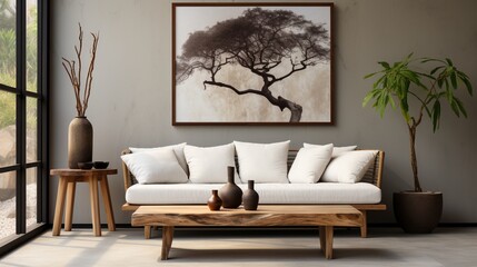 A rustic interior design defines the modern living room, with a mock-up poster frame hanging on a white stucco wall above a wooden dresser adorned with home decor