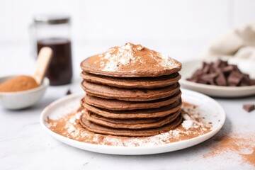 vegan protein pancakes with a dusting of cocoa powder
