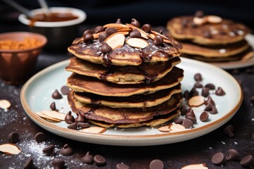 vegan pancakes with dark chocolate chips and almond slices - obrazy, fototapety, plakaty