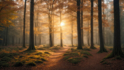 morning in a forest with the first light of dawn