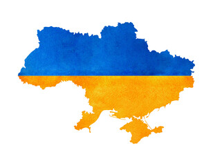 Hand-painted watercolor Ukraine map illustration. Country silhouette with the national flag. Isolated on a white background
