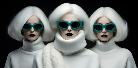 Fototapeta premium Three women in sunglasses, surreal fashion photo