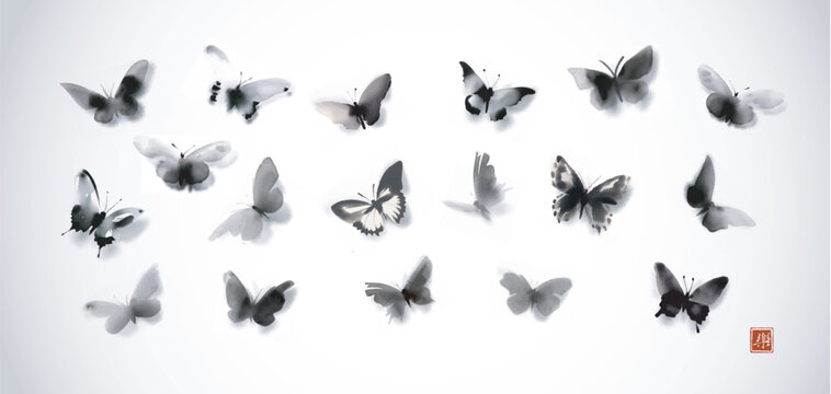 Ink wash painting of butterflies in japanese sumi-e style on white background.Translation of hieroglyph - joy