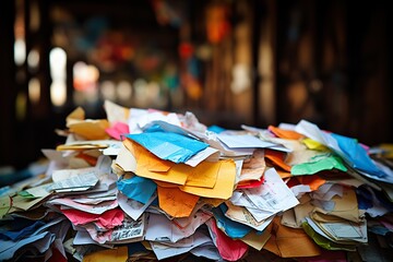 A bunch of colorful old papers. Collection and recycling of waste paper