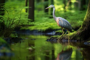 a blue heron stands beside a shady forest pond