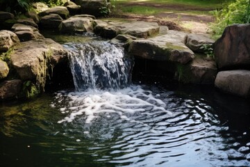 water tumbling from a small stone waterfall into a pond
