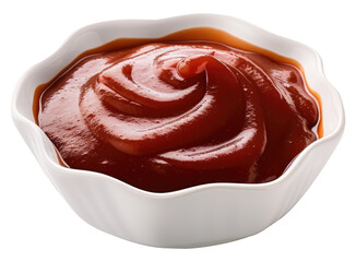 Tomato ketchup in white bowl isolated on transparent background