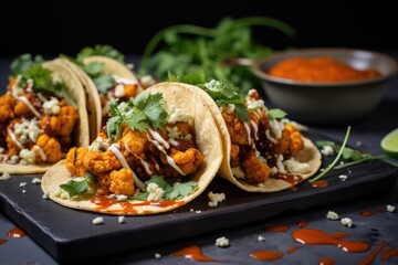 Fototapeta premium vegan buffalo tacos with crispy cauliflower and vegan blue cheese
