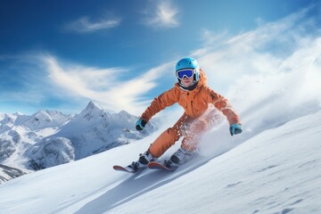 Female snowboarder on ski piste snowy resort in snow light. Sport person nature healthy courage. Generate Ai - obrazy, fototapety, plakaty