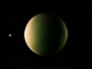 Alien planet in green tones. Earth-sized exoplanet in space. A distant extrasolar world, cosmic landscape.