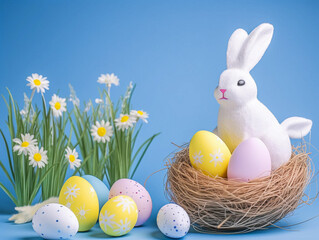 Naklejka na ściany i meble Cute rabbit toy and colorful painted easter eggs. Concept of happy easter day.