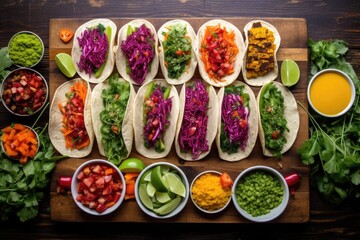 a colorful display of vegan tacos with various vegetable fillings