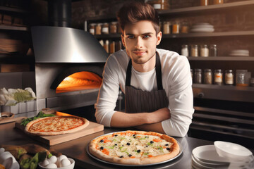 pizzaiolo en train de préparer une pizza devant son four à bois dans sa pizzeria - Powered by Adobe