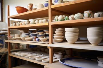 painted pottery drying on clay work-station shelves