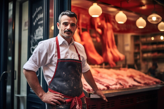artisan boucher charcutier qui pose fi&egrave;rement de son commerce de proximit&eacute;