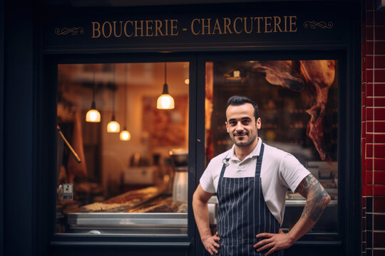 artisan boucher charcutier qui pose fi&egrave;rement de son commerce de proximit&eacute;