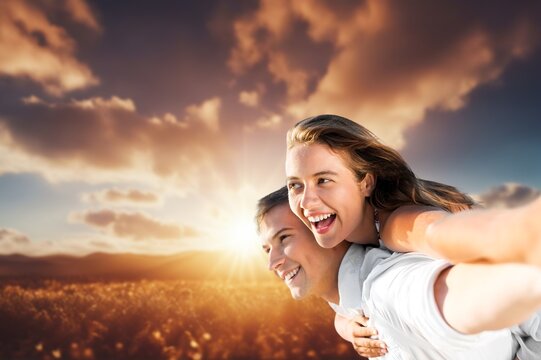 A happy young travel couple posing on beach, AI generated image