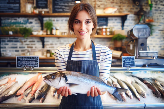 poissonni&egrave;re pose fi&egrave;rement devant son &eacute;tale de poissons et crustac&eacute;s dans sa petite poissonnerie du centre ville