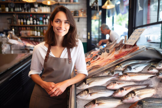 poissonni&egrave;re pose fi&egrave;rement devant son &eacute;tale de poissons et crustac&eacute;s dans sa petite poissonnerie du centre ville