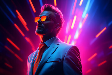 Handsome man in suit and sunglasses on neon colors background
