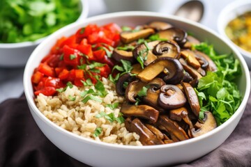 close-up of a burrito bowl with brown rice and mushrooms