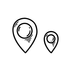 Big and small doodle location pin icons. Hand drawn sketch gps location marker. Travel navigation pointer.