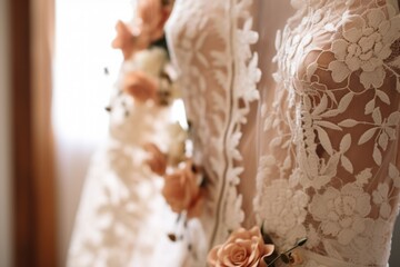 close-up of lace wedding dress details on a hanger
