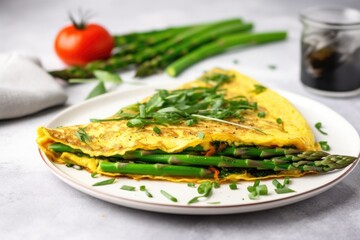 veggie omelette with asparagus, shot on a marble countertop