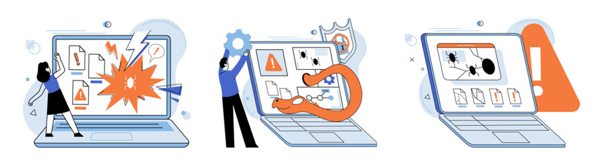 Malware spyware virus. Vector illustration. Online safety relies on robust security systems and user awareness Fraudulent activities require strong security measures and vigilant monitoring Warnings