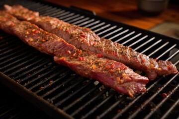 strips of medium-rare steak grilling for fajitas