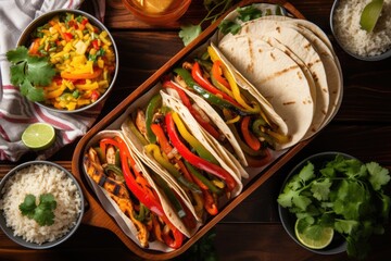 overhead view of vegetarian fajitas with corn tortillas - obrazy, fototapety, plakaty