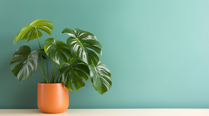 Monstera plant with copy space in the green background