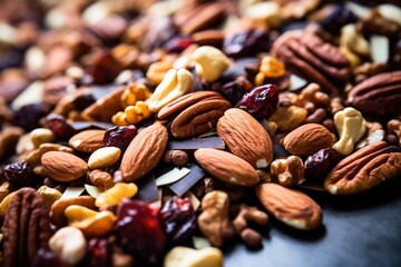 close-up image of a trail mix with pecans and almonds - obrazy, fototapety, plakaty