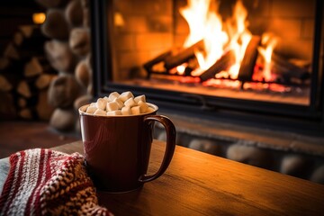 hot chocolate beside a fireplace, no flames visible