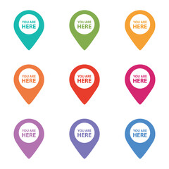 Colorful You Are Here Map Pointer Set - Vector Illustration Isolated On White Background