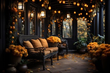 Halloween pumpkins jack o' lanterns, flowers and decor on house exterior, home decor, seasonal autumn decorations - obrazy, fototapety, plakaty