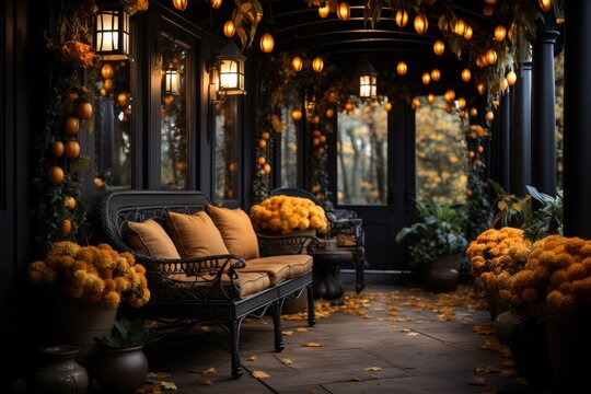 Halloween pumpkins jack o' lanterns, flowers and decor on house exterior, home decor, seasonal autumn decorations
