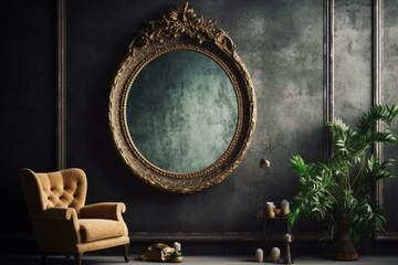 Old vintage mirror in gold frame with a rustic style. Home decoration made of glass with graphic art. Generative AI