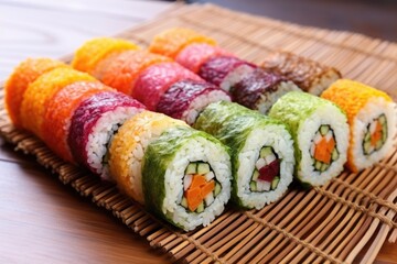 fresh multi-coloured sushi rolls on bamboo mat