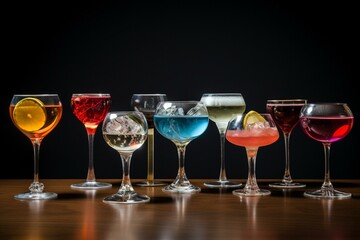 Multiple cocktail glasses on the right. Generative AI